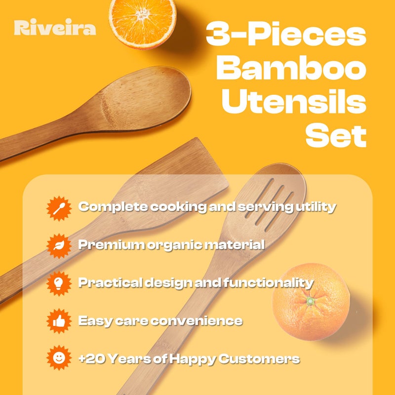 Riveira Dark Bamboo Wooden Spoons for Cooking 3-Piece  Apartment Essentials Wood Spatula Spoon Nonstick Kitchen Utensil Set Premium Quality Housewarming Gifts for Everyday Use - Image 4
